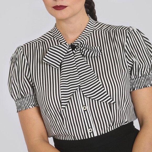 Hell Bunny Tops - Small Stripe Hell Bunny Humbug Bow Blouse Retro Goth Tim Burton Hot Topic